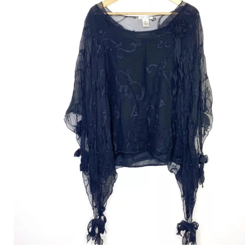 Vintage Black 💯% silk poncho cape wrap poncho bow  accents rose embroidered 1 xl - Picture 7 of 11